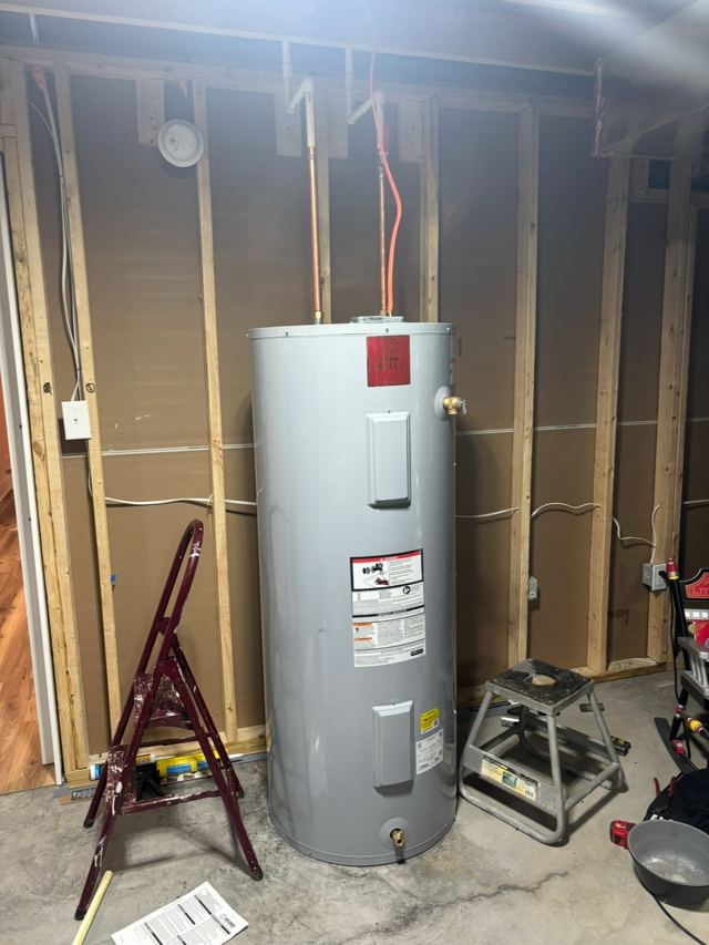 Newly installed water heater against framed walls